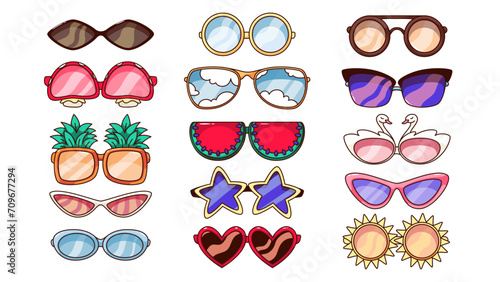 Groovy cartoon sunglasses set. Funny retro summer eyewear with reflection and clouds on glasses, round and cat eyes shape. Hipsters sunglasses cartoon sticker of 60s 70s style vector illustration