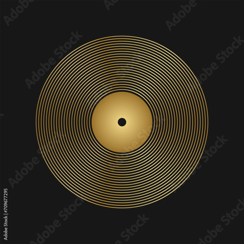 Golden retro vinyl record on a dark background. Musical poster, banner, logo, symbol, vector