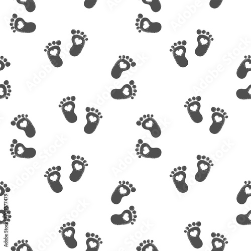 Seamless pattern, baby footprints with hearts on a white background. Background, print, textile, vector