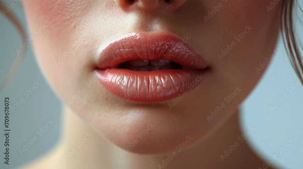A close-up view of a woman's face highlighting her pink lip. Perfect for beauty and cosmetics-related projects A close-up view of a woman's face highlighting her pink lip. Perfect for beauty and cosmetics-related projects