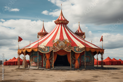 Circus tent against a cloudy sky