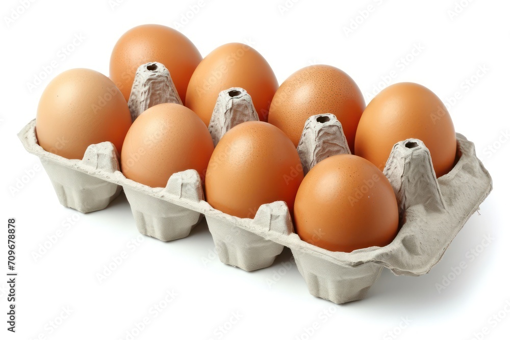 Natural eggs in cardboard package on white background. Generative AI Natural eggs in cardboard package on white background. Generative AI