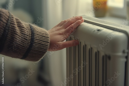 Hand and radiator, energy crisis or heating system failure. Generative AI