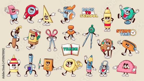Groovy stationery stickers set vector illustration. Cartoon isolated retro comic school or office supply characters, collection of funny stationery personages, cute book and pen, pencil case to study