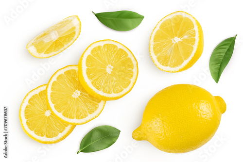 Ripe lemon with slices isolated on white background with full depth of field. Top view. Flat lay