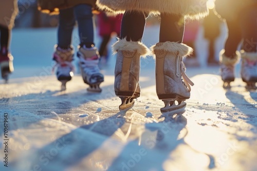 A group of people enjoying skating on a snow-covered ground. Perfect for winter sports and outdoor activities