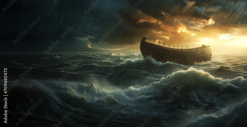 Noah's Ark in the storm at sea - theme of religious images from the Bible - obrazy, fototapety, plakaty 