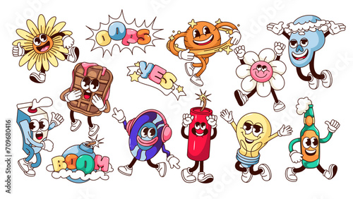 Groovy happy or surprised characters set vector illustration. Cartoon isolated retro emoji collection with surprise expressions on faces, happy flowers and beer bottle, light bulb and skull stickers
