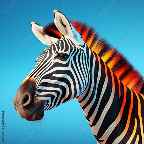 Zebra portrait on a blue background. 3d rendering. Digital illustration.AI.