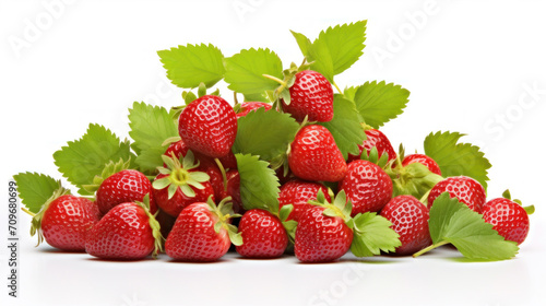 A large heap of ripe strawberries with bright green leaves, presented on a white background.