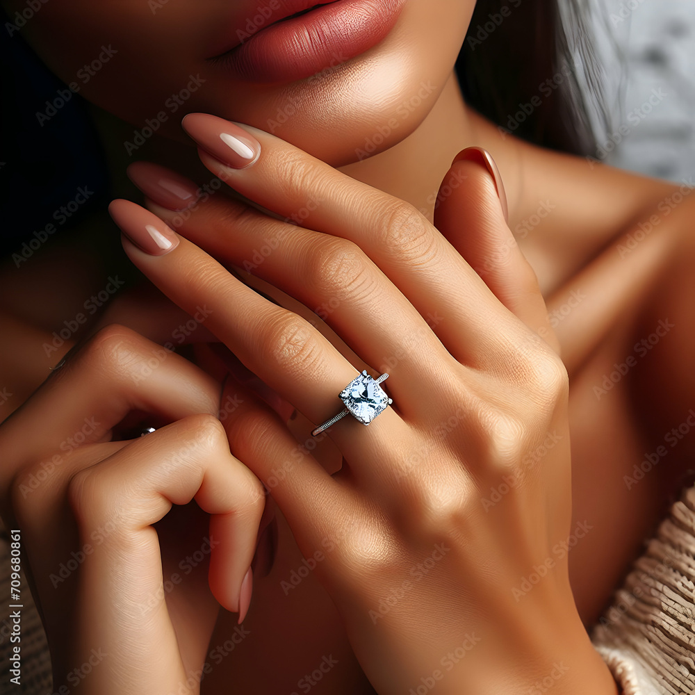 Woman's Hand with a Sparkling Engagement Ring Woman's Hand with a Sparkling Engagement Ring