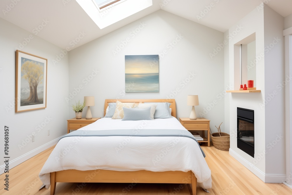 saltbox bedroom with skylights and minimalist design
