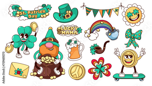 Groovy stickers for party on Saint Patricks Day set vector illustration. Cartoon isolated retro gnome and leprechaun, funny green clover characters with gold and St Patricks beer festival lettering