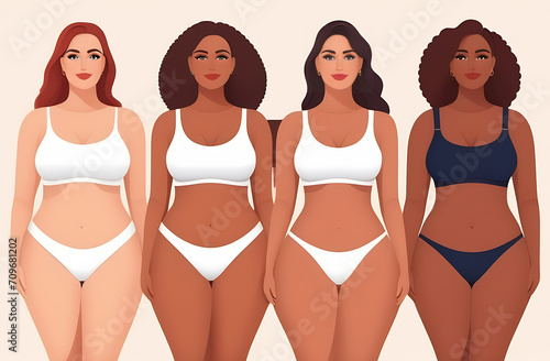 Multiracial group of women with different body and ethnicity posing together to show the woman power and strength. Curvy and skinny kind of female body concept ( body positive, body acceptance )