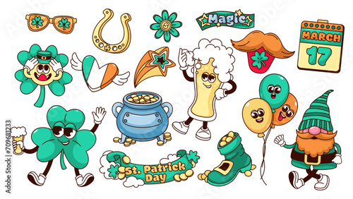 Quadro su tela Groovy stickers for Saint Patricks Day set vector illustration