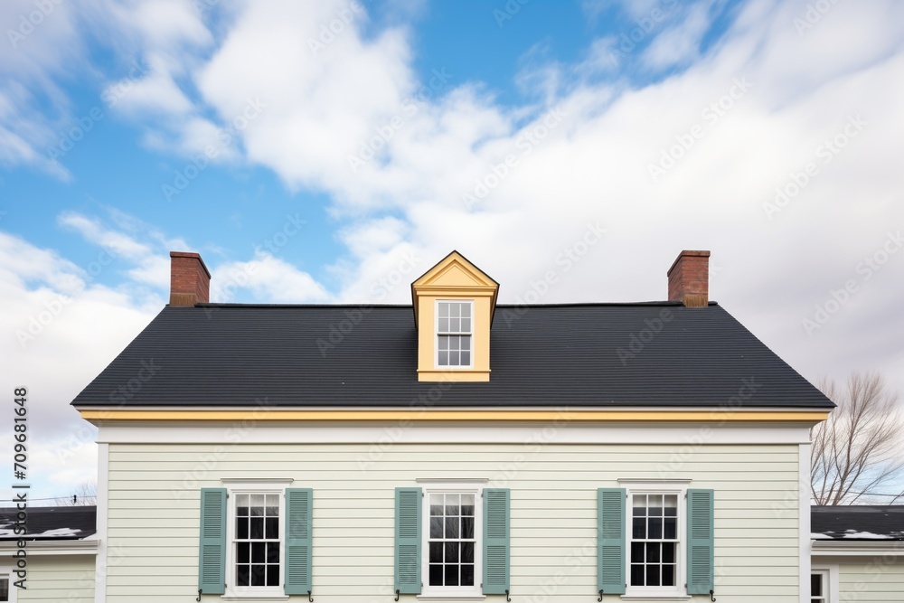 saltbox roof detail, black shutters, cloudy sky backdrop