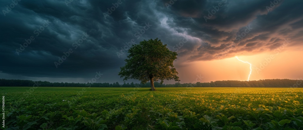 Lightning strikes a One tree in a green field. A stormy sky with ...