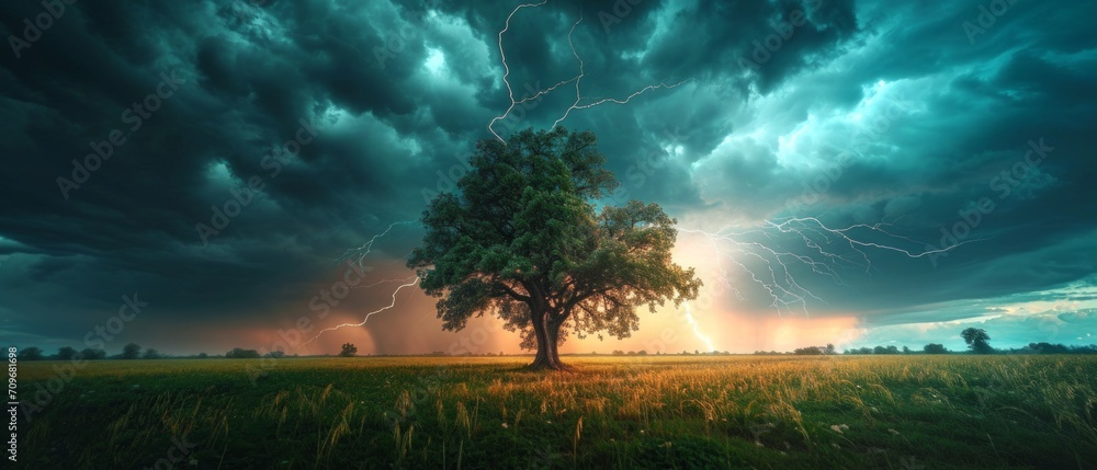 Lightning strikes a One tree in a green field. A stormy sky with thunder over country scenery.