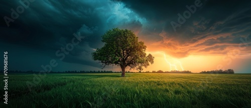 Lightning strikes a One tree in a green field. A stormy sky with thunder over country scenery. photo