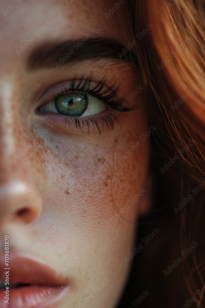 Fototapeta premium A close-up shot of a woman's face with beautiful freckles. Perfect for skincare or beauty-related projects
