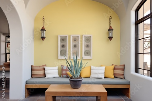 Fototapeta arched stucco alcove with builtin seating area