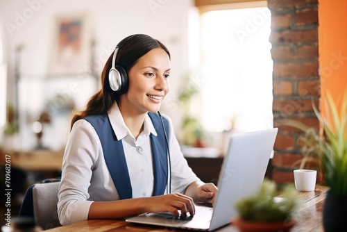 woman travel agent wearing headset, assisting clients online photo
