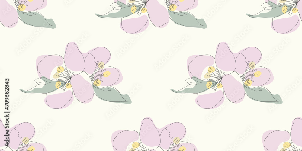 Line art Apple tree blossom, Vector seamless pattern. Endless Spring floral background, Wallpaper, Cover, Wrapping paper. Botanical color template for Print, Postcard, Fabric, Textile, Clothes design.