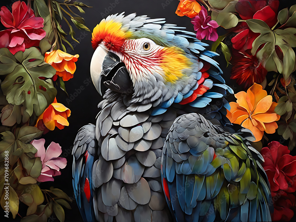 Obraz premium painting of macaw parrot with vibrant colors on dark canvas