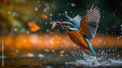 Kingfisher  (Alcedo atthis) flying after emerging from water with caught fish prey in beak. Kingfisher caught a small fish © Katynn