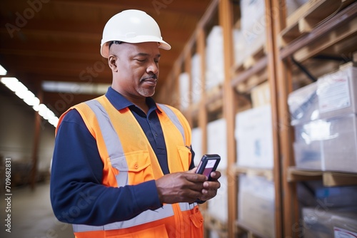 warehouse worker using a handheld inventory device photo