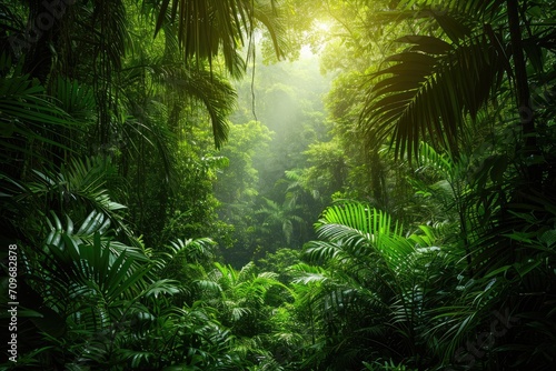 Lush greenery, a tropical jungle, a serene setting, Generative Ai.