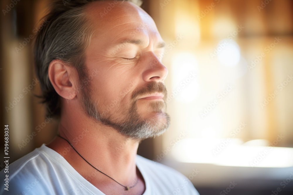Fototapeta premium profile of instructor meditating with eyes closed, serene setting
