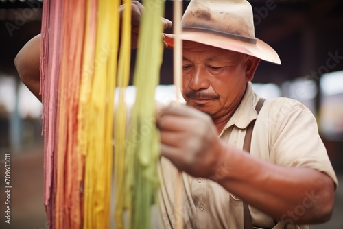 a dyer inspecting the evenness of dye on yarn strands photo