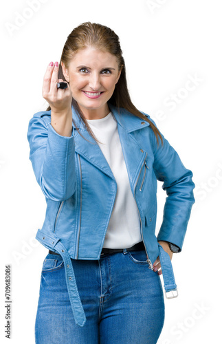 Beautiful middle age mature woman wearing fashion leather jacket over isolated background Doing Italian gesture with hand and fingers confident expression