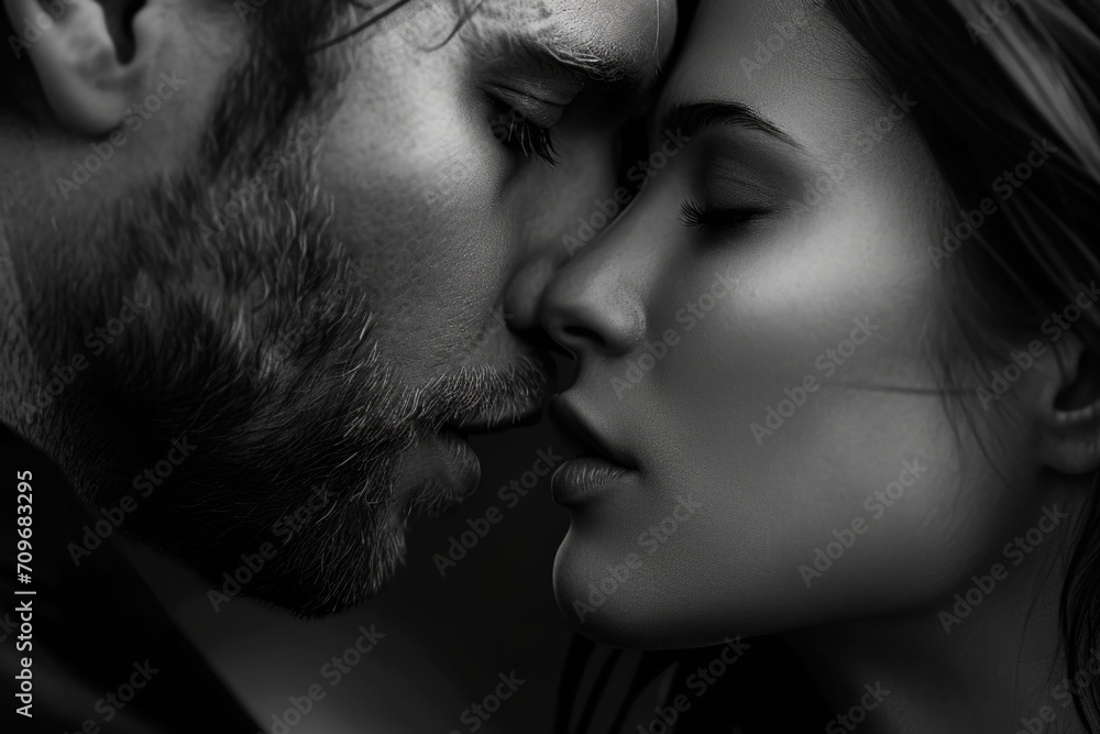 A romantic black and white image capturing a passionate kiss between a man and a woman. Perfect for expressing love and affection. - obrazy, fototapety, plakaty 