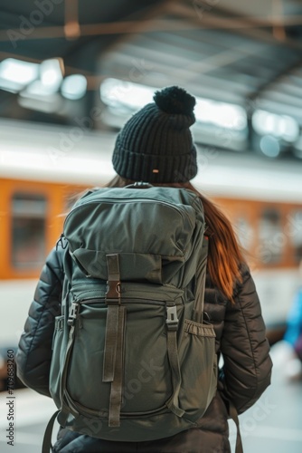 A woman with a backpack patiently waiting for a train. Suitable for transportation and travel themes