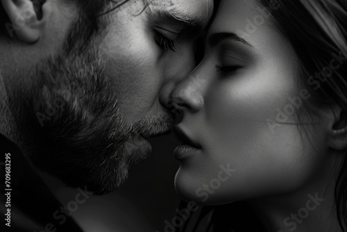 A romantic black and white image capturing a passionate kiss between a man and a woman. Perfect for expressing love and affection. photo