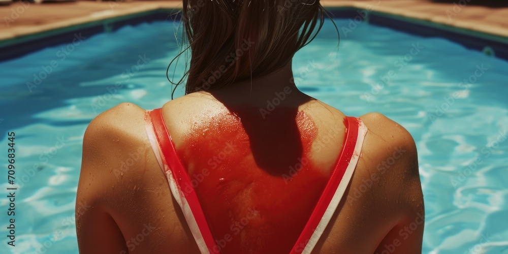 Fototapeta premium A woman wearing a red and white swimsuit stands confidently next to a sparkling swimming pool. Perfect for travel brochures or lifestyle magazines