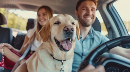 A picture of a man and woman sitting in a car with their dog. This image can be used to depict a family road trip or a pet-friendly adventure photo