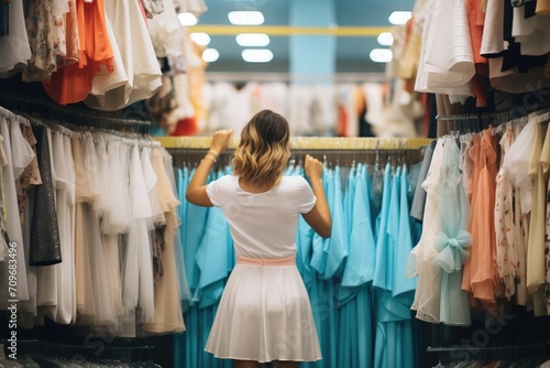 shopper browsing through a rack of dresses