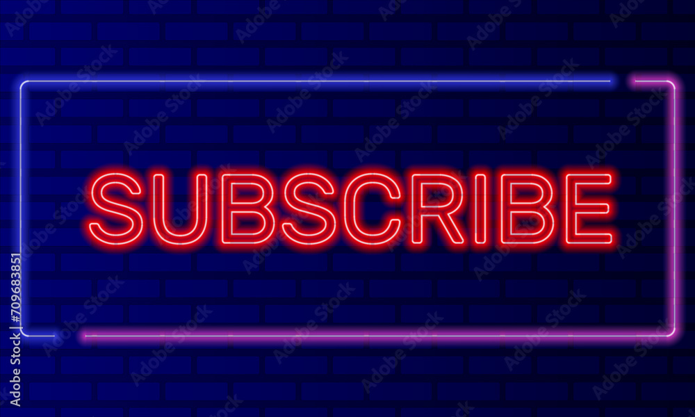 Fototapeta premium Red neon text subscribe in a neon frame on a brick gradient wall background vector. Graphic element for designers