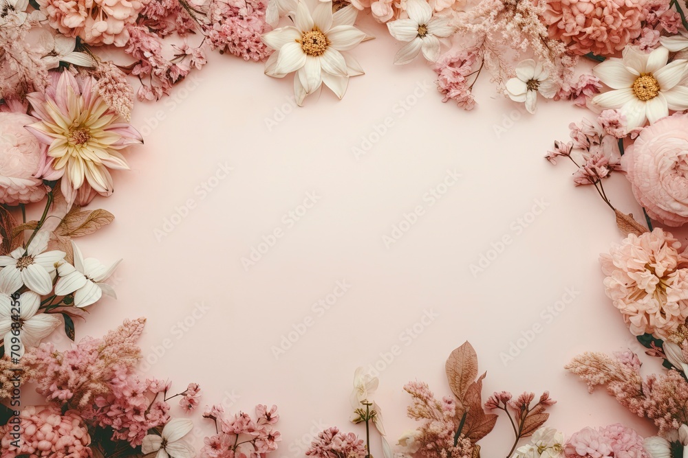 flower border decoration , flatlay and copy space - generative ai flower border decoration , flatlay and copy space - generative ai