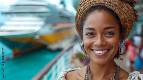 Portrait of a woman smiling, cruise ship dock on the background. 