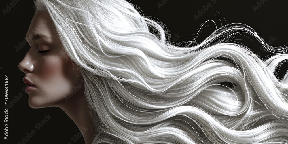 A close-up view of a woman with long white hair. This image can be used to depict beauty, aging, or fantasy characters. A close-up view of a woman with long white hair. This image can be used to depict beauty, aging, or fantasy characters.