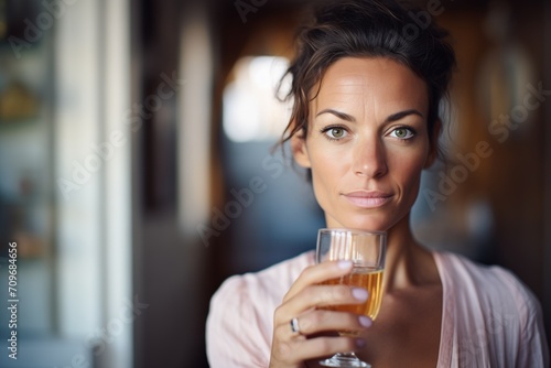 woman holding a glass of rejuvelac, focus on the content