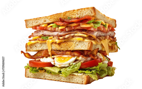 Exceptionally tall Club sandwich  featuring a ingredients layered between slices of white bread. This includes bacon  lettuce  tomato  cheese  and egg. Isolated on transparent background.