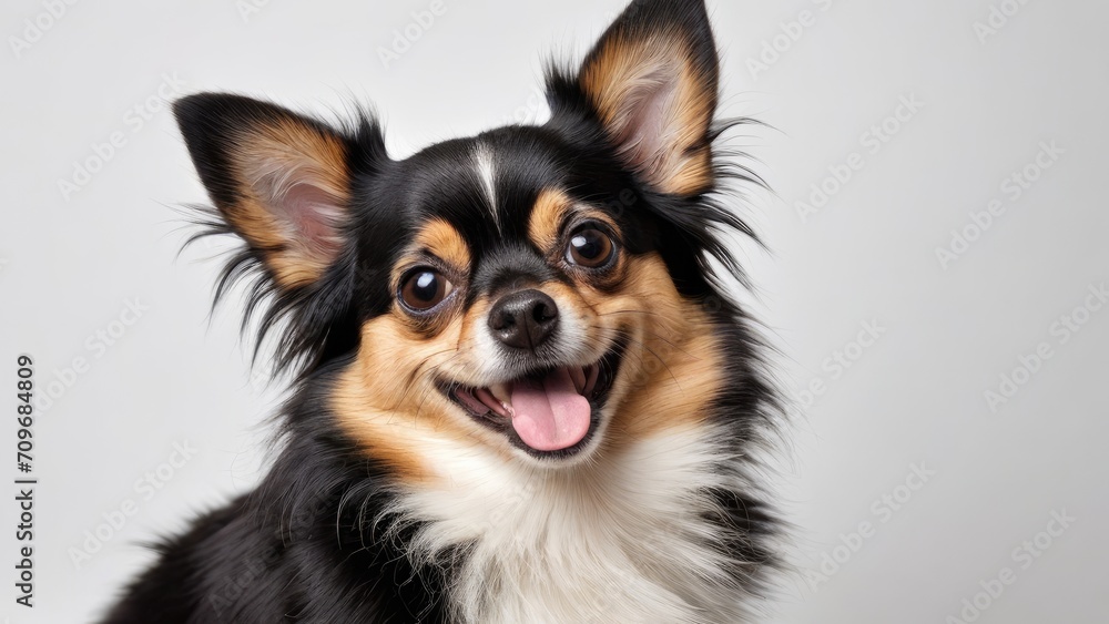 Portrait of Black and tan long coat chihuahua dog on grey background