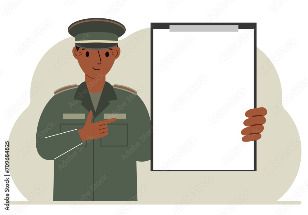 A man in a military uniform is holding a large clipboard with plenty of space for text. Vector