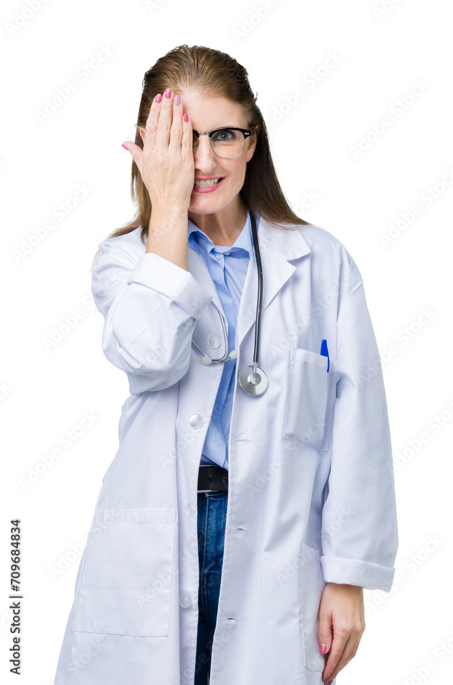 Middle age mature doctor woman wearing medical coat over isolated background covering one eye with hand with confident smile on face and surprise emotion. Middle age mature doctor woman wearing medical coat over isolated background covering one eye with hand with confident smile on face and surprise emotion.