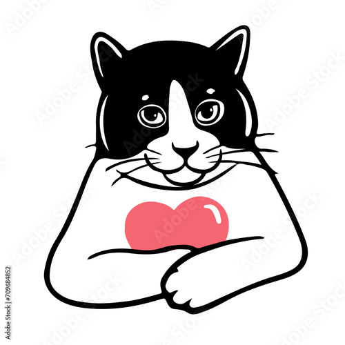 Cute funny black and white cat with a heart. Vector illustration. Valentine's Day. Love and friendship between human and pet